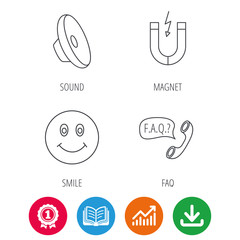 Magnet, smiling face and faq speech bubble icons. Sound linear sign. Award medal, growth chart and opened book web icons. Download arrow. Vector