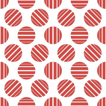 Seamless pattern with red circles and white lines on a white background