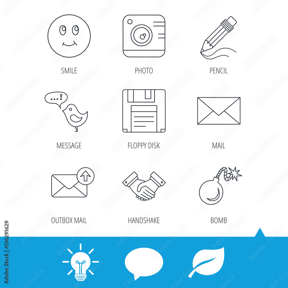 Poster photo camera, pencil and handshake icons. inbox e-mail, message speech bubble and smile linear signs