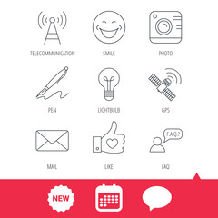 Mail, photo camera and lightbulb icons. Pen, GPS and telecommunication linear signs. FAQ, like and smile icons. New tag, speech bubble and calendar web icons. Vector