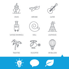 Cruise, airplane and helicopter icons. Palm tree, shell and lighthouse linear signs. Air balloon, guitar and luggage icons. Light bulb, speech bubble and leaf web icons. Vector