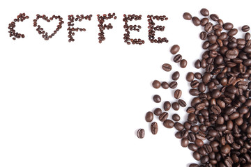 Coffee beans on a white background with lettering