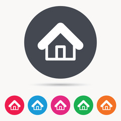 Home icon. House building symbol. Real estate construction. Colored circle buttons with flat web icon. Vector