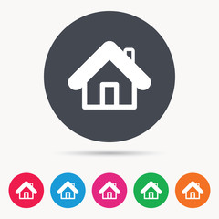 Home icon. House building symbol. Real estate construction. Colored circle buttons with flat web icon. Vector