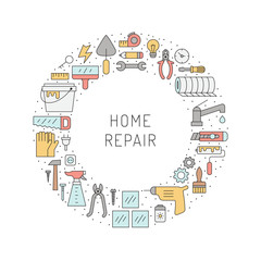 Home repair and construction outline circle vector frame.
