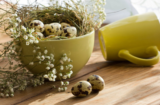 Happy Easter! Festive composition with Easter eggs on wooden background.