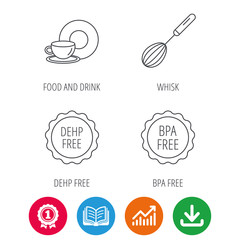 Food and drink, whisk and BPA free icons. DEHP free linear sign. Award medal, growth chart and opened book web icons. Download arrow. Vector