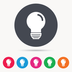 Light bulb icon. Lamp sign. Illumination technology symbol. Colored circle buttons with flat web icon. Vector