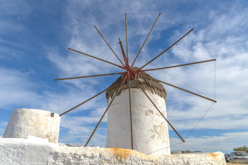 The famous windmills at the port of Mykonos, Cyclades, Greece du