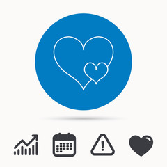 Love hearts icon. Lovers sign. Couple relationships. Calendar, attention sign and growth chart. Button with web icon. Vector