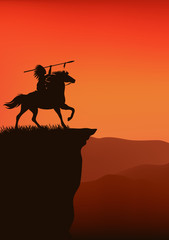 native american riding horse on the cliff - wild west vector background