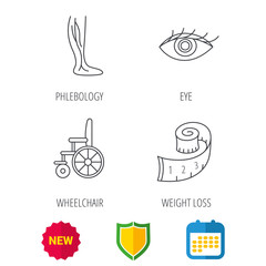 Vein varicose, wheelchair and weight loss icons. Eye linear sign. Shield protection, calendar and new tag web icons. Vector