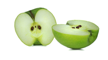 Two slices of green Apple on a white background. 