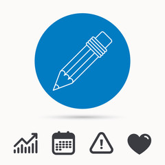 Pencil icon. Drawing tool sign. Calendar, attention sign and growth chart. Button with web icon. Vector