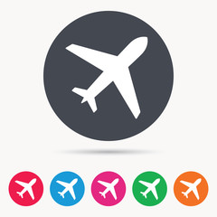 Plane icon. Flight transport symbol. Colored circle buttons with flat web icon. Vector