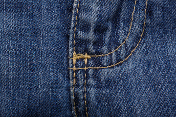 Fototapeta premium Denim jeans texture background with torn. The texture of the colored cotton fabric. Stitched texture jeans background. Fashion jeans button. Pocket and rivet on jeans. Fiber and fabric structure.