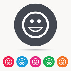 Happy smile icon. Smiley laugh emoticon symbol. Colored circle buttons with flat web icon. Vector