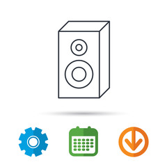 Sound icon. Musical speaker sign. Calendar, cogwheel and download arrow signs. Colored flat web icons. Vector