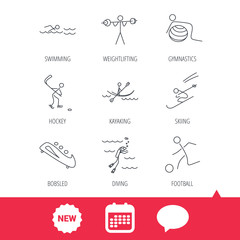 Swimming, football and skiing icons. Ice hockey, diving and gymnastics linear signs. Kayaking, weightlifting and bobsleigh icons. New tag, speech bubble and calendar web icons. Vector