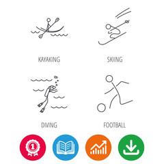 Diving, football and skiing icons. Kayaking linear sign. Award medal, growth chart and opened book web icons. Download arrow. Vector