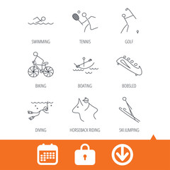 Swimming, tennis and golf icons. Biking, diving and horseback riding linear signs. Ski jumping, boating and bobsleigh icons. Download arrow, locker and calendar web icons. Vector