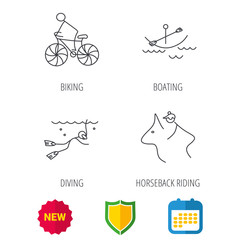 Diving, biking and horseback riding icons. Boating linear sign. Shield protection, calendar and new tag web icons. Vector