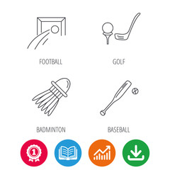 Baseball, football and golf icons. Badminton linear sign. Award medal, growth chart and opened book web icons. Download arrow. Vector