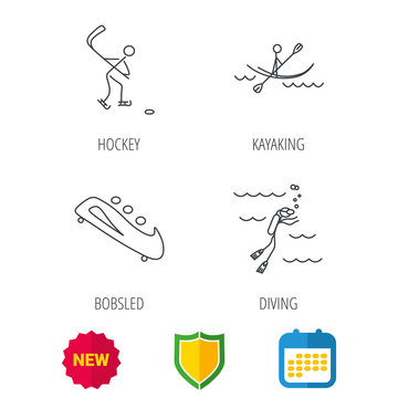 Ice hockey, diving and kayaking icons. Bobsled linear sign. Shield protection, calendar and new tag web icons. Vector