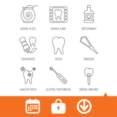Dental floss, tooth and implant icons. Mouthwash, x-ray and toothpaste linear signs. Electric toothbrush. Download arrow, locker and calendar web icons. Vector