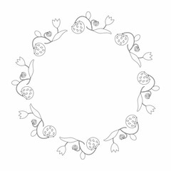 Elegant round frame the contours of flowers and strawberries. Simple spring decoration of the plant elements. Berries and tulips.
