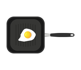 Grill pan with fried egg on white background. Top view illustration.