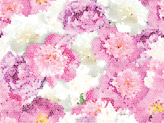 Pink peonies mosaic seamless texture. Flower vector texture.