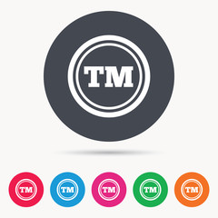 Registered TM trademark icon. Intellectual work protection symbol. Colored circle buttons with flat web icon. Vector