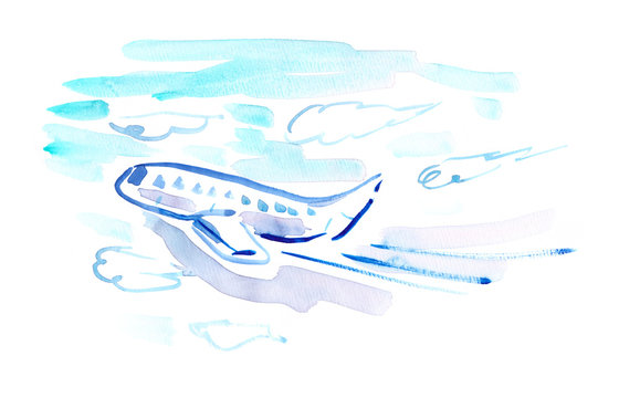 Big Abstract White Airplane Taking Off Into Clear Turquoise Blue Sky Painted In Watercolor On Clean White Background