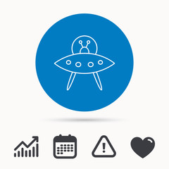 UFO icon. Unknown flying object sign. Martians symbol. Calendar, attention sign and growth chart. Button with web icon. Vector