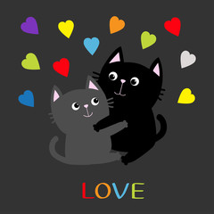 Black Gray Cat hugging couple family. Rainbow color hearts Hug, embrace, cuddle. Love Greeting card. Cute funny cartoon character. Kitty Whisker Baby pet Dark background. Isolated. Flat design.