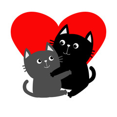 Black Gray Cat hugging couple family. Hug, embrace, cuddle. Red heart. Happy Valentines day Greeting card. Cute funny cartoon character. Kitty Whisker Baby pet White background. Isolated. Flat design.