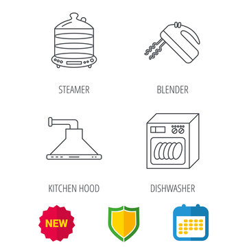 Dishwasher, kitchen hood and mixer icons. Steamer linear sign. Shield protection, calendar and new tag web icons. Vector