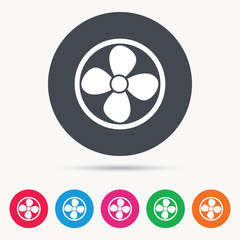 Ventilation icon. Air ventilator or fan symbol. Colored circle buttons with flat web icon. Vector