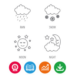 Weather, night and rain icons. Moon night and snow linear signs. Award medal, growth chart and opened book web icons. Download arrow. Vector