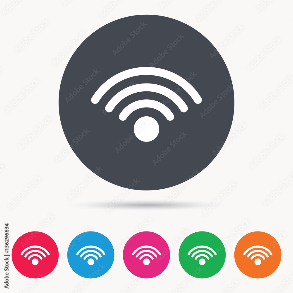 Poster wifi icon. wireless internet sign. communication technology symbol. colored circle buttons with flat