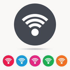 Wifi icon. Wireless internet sign. Communication technology symbol. Colored circle buttons with flat web icon. Vector