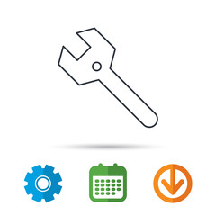 Wrench key icon. Repair fix tool sign. Calendar, cogwheel and download arrow signs. Colored flat web icons. Vector