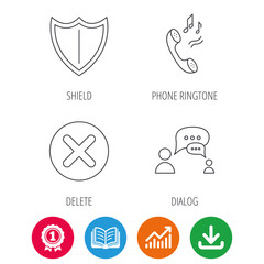 Phone ringtone, delete and chat speech bubble icons. Shield linear sign. Award medal, growth chart and opened book web icons. Download arrow. Vector