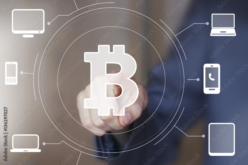 Aufkleber businessman push web button bitcoin computer network.