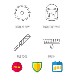 File tool, circular saw and brush tool icons. Bucket of paint linear sign. Shield protection, calendar and new tag web icons. Vector