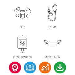 Medical mask, blood and pills icons. Enema linear sign. Award medal, growth chart and opened book web icons. Download arrow. Vector