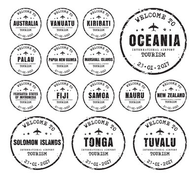 Set of old stamps with the name of the cores Oceania.