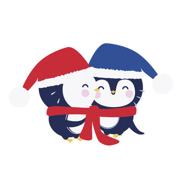 Cute penguin couple in love hug