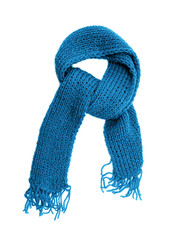 Blue knitted scarf on a white background.